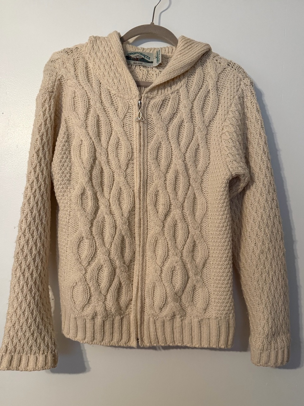 Sz L Ladies Aran Crafts Cream Merino Wool Hooded Zip Cardigan Sweater Ireland